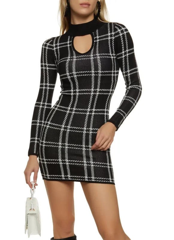Plaid Mock Neck Keyhole Sweater Dress sold by Rainbow
