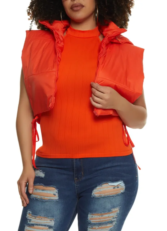 Plus Size Side Tie Cropped Hooded Puffer Vest sold by Rainbow