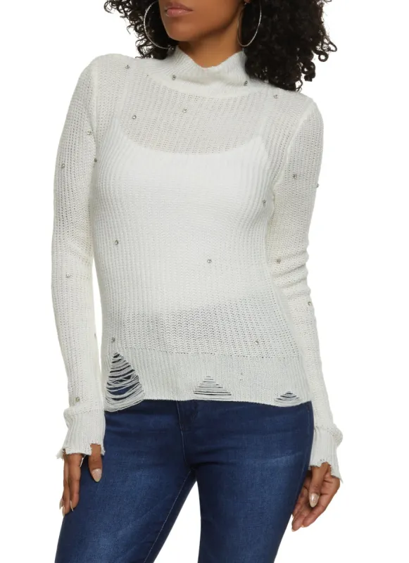Mock Neck Distressed Rhinestone Sweater sold by Rainbow