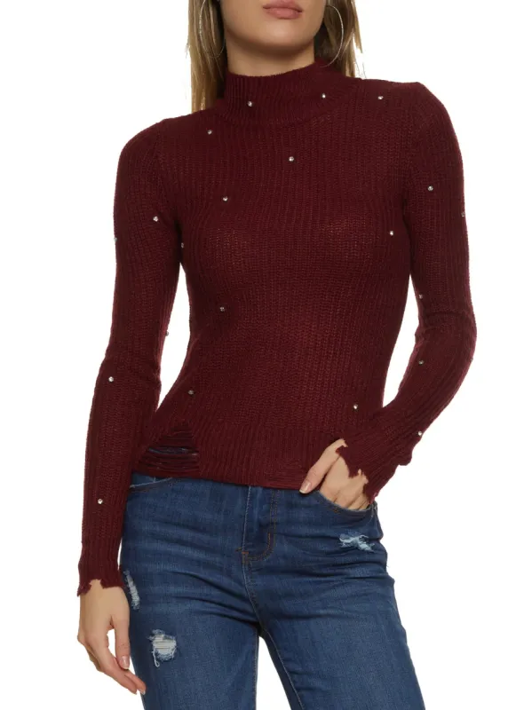 Mock Neck Distressed Rhinestone Sweater sold by Rainbow