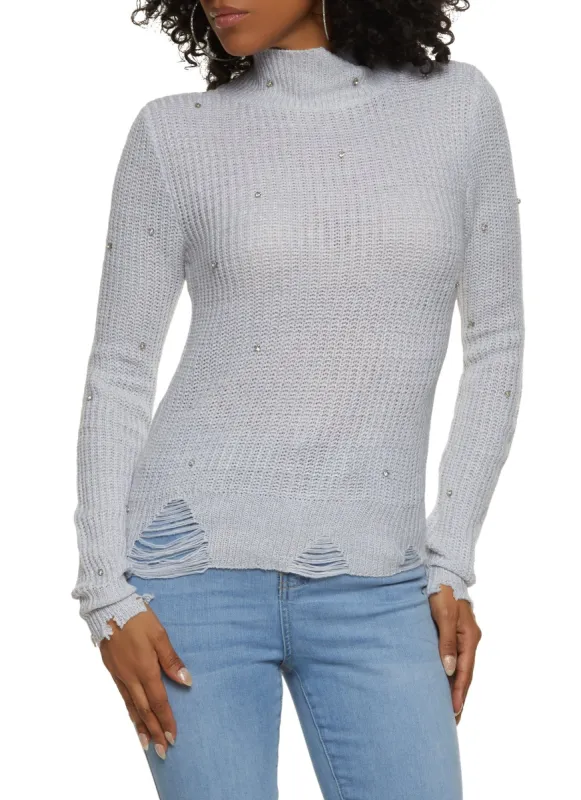 Mock Neck Distressed Rhinestone Sweater sold by Rainbow
