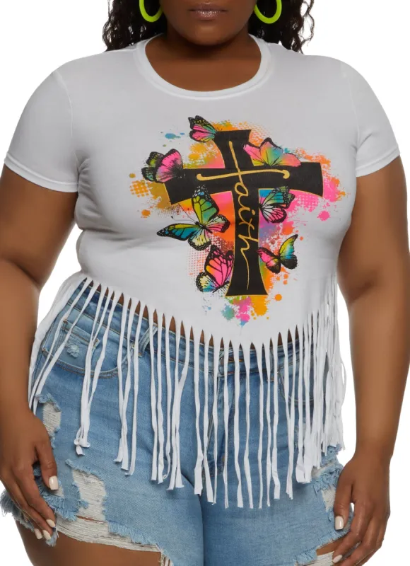 Plus Size Faith Cross Fringe Graphic Tee sold by Rainbow