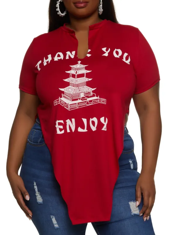 Plus Size Thank You Enjoy Hanky Hem Graphic Tee sold by Rainbow