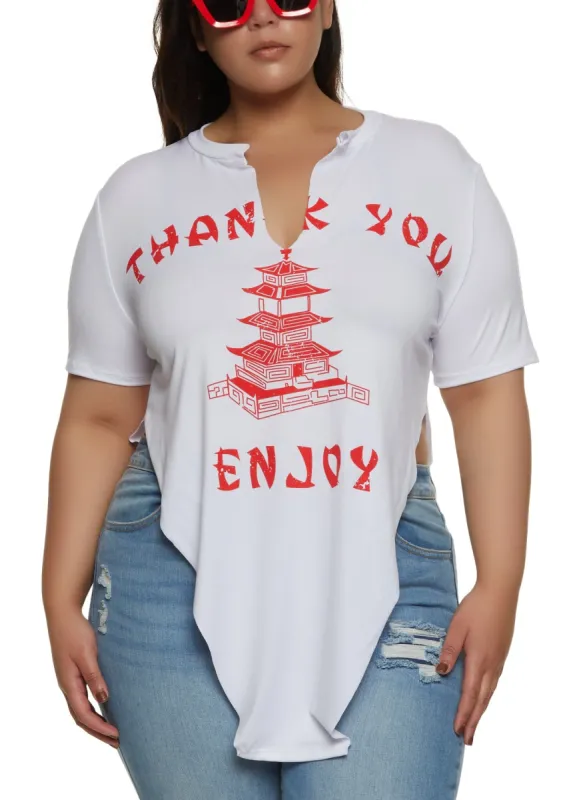 Plus Size Thank You Enjoy Hanky Hem Graphic Tee sold by Rainbow