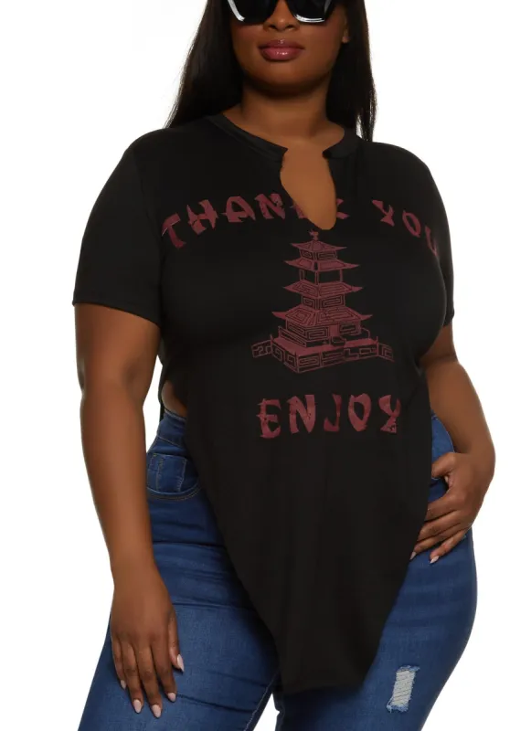 Plus Size Thank You Enjoy Hanky Hem Graphic Tee sold by Rainbow