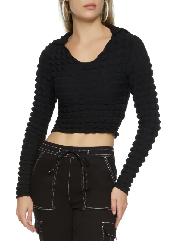 Bubble Knit Johnny Collar Crop Top sold by Rainbow