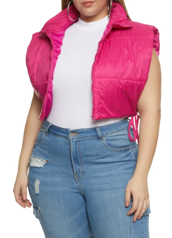 Plus Size Side Tie Cropped Hooded Puffer Vest sold by Rainbow