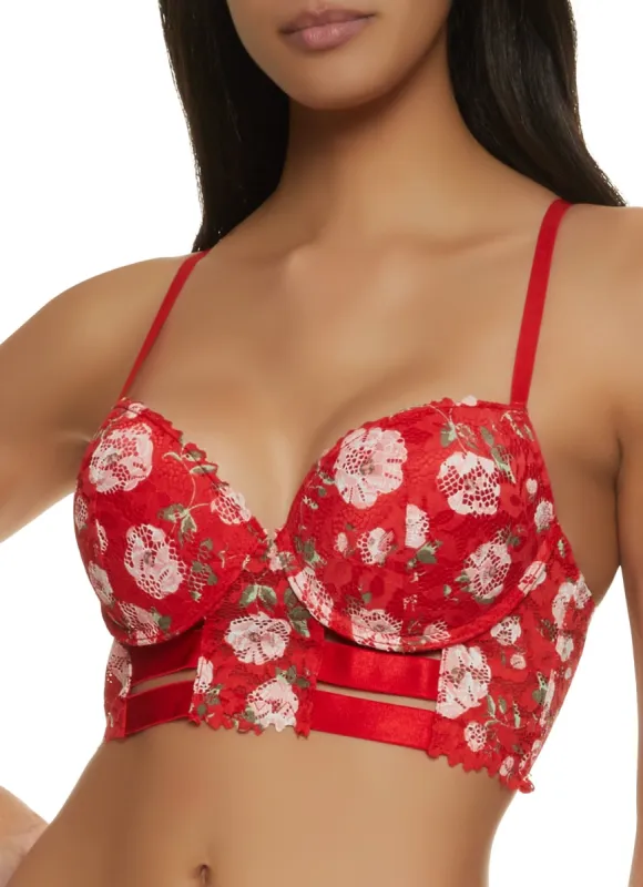 Floral Scalloped Trim Caged Long Line Plunge Bra sold by Rainbow