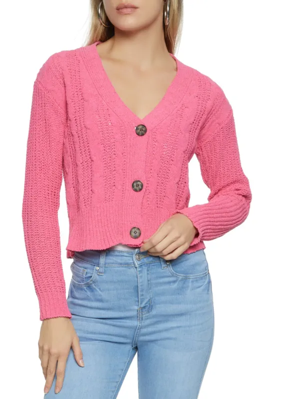 Cable Knit Button Front Cropped Cardigan sold by Rainbow