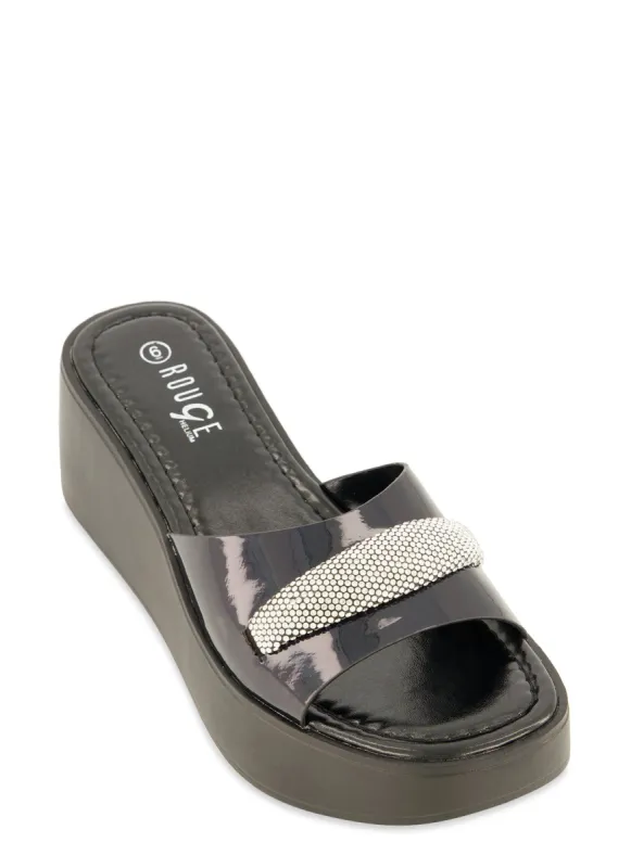 Rhinestone Detail Band Wedge Slide Sandals sold by Rainbow