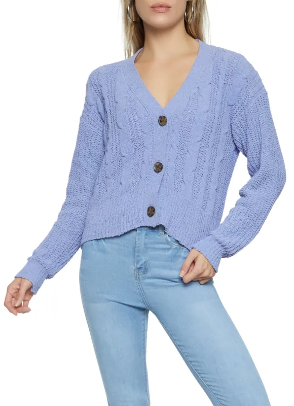 Cable Knit Button Front Cropped Cardigan sold by Rainbow