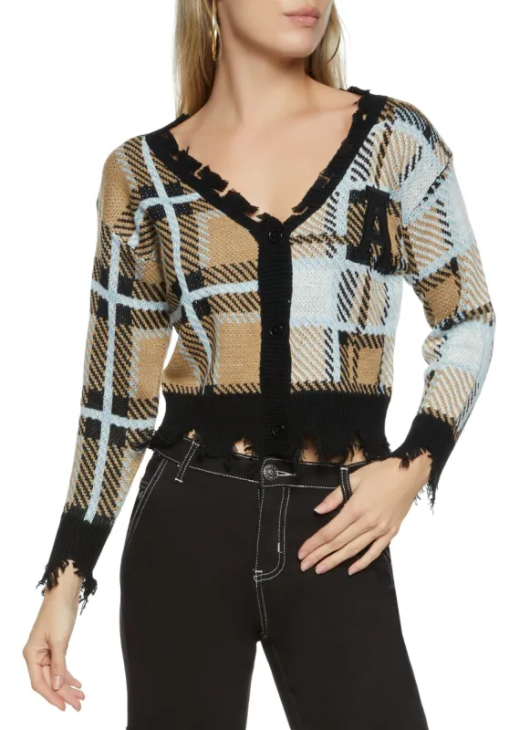 Cropped Plaid Patch Distressed Cardigan sold by Rainbow
