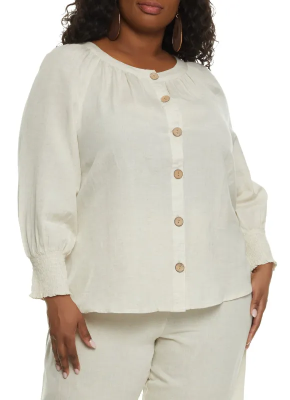 Plus Size Linen Smocked Puff Sleeve Blouse sold by Rainbow