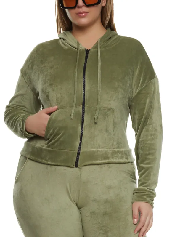 Plus Size Velour Zip Front Hooded Sweatshirt sold by Rainbow