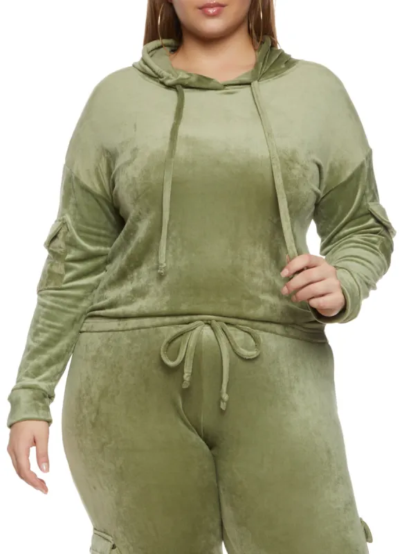 Plus Size Velour Cargo Pocket Sleeve Hoodie sold by Rainbow