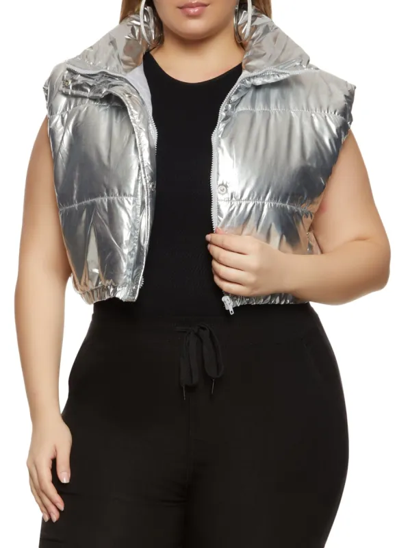 Plus Size Zip Front Cropped Puffer Vest sold by Rainbow