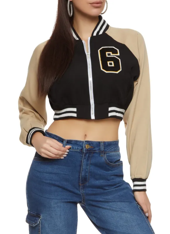 6 Chenille Patch Zip Front Cropped Varsity Jacket sold by Rainbow