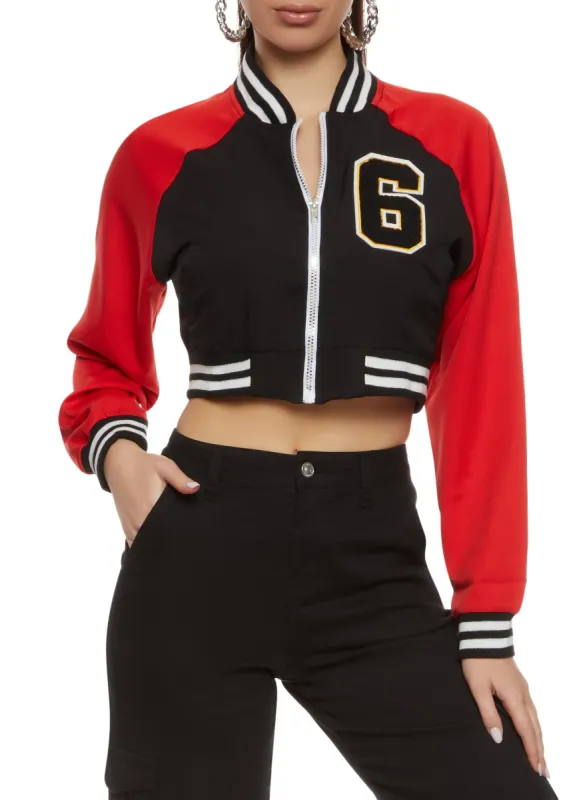 6 Chenille Patch Zip Front Cropped Varsity Jacket sold by Rainbow