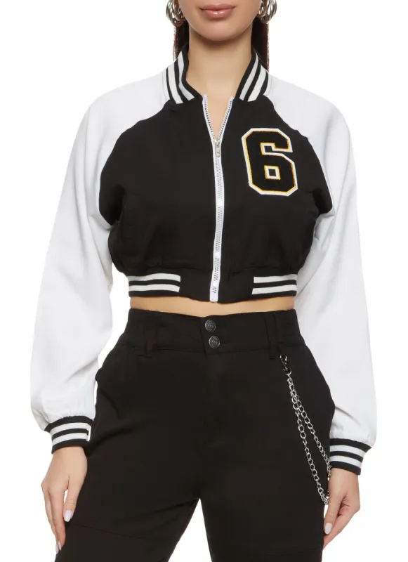 6 Chenille Patch Zip Front Cropped Varsity Jacket sold by Rainbow