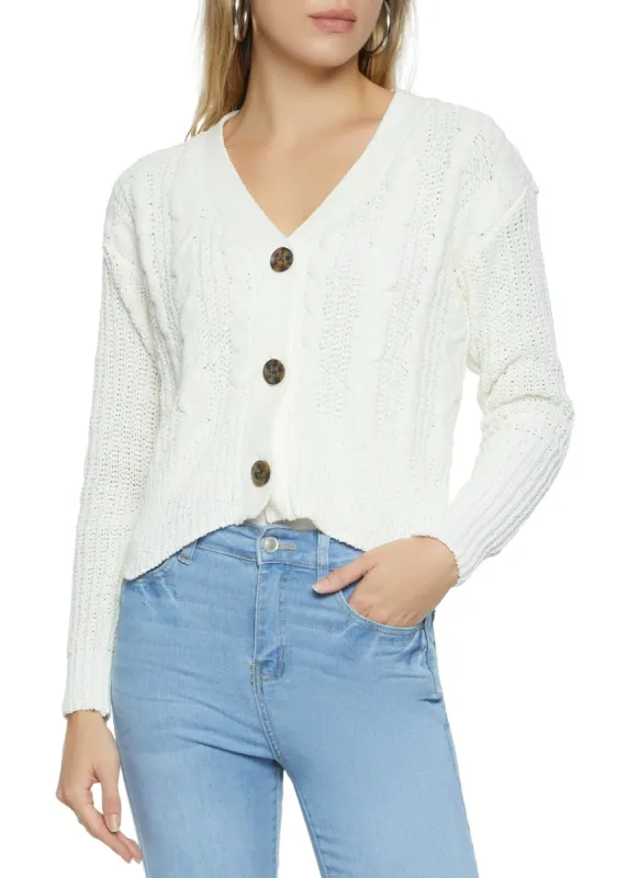 Cable Knit Button Front Cropped Cardigan sold by Rainbow