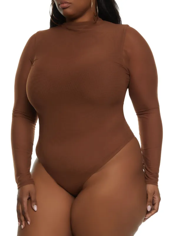 Plus Size Mesh High Neck Long Sleeve Bodysuit sold by Rainbow
