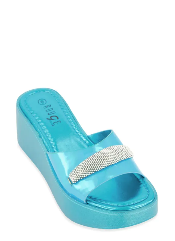 Rhinestone Detail Band Wedge Slide Sandals sold by Rainbow