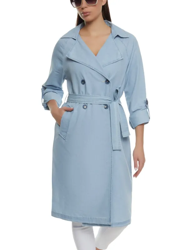 Denim Tie Waist Belted Trench Coat sold by Rainbow