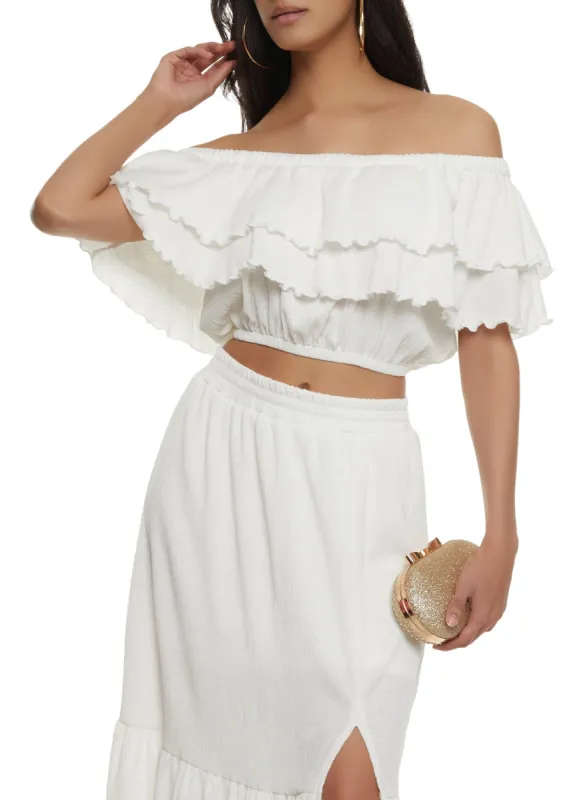 Tiered Ruffled Off the Shoulder Crop Top sold by Rainbow