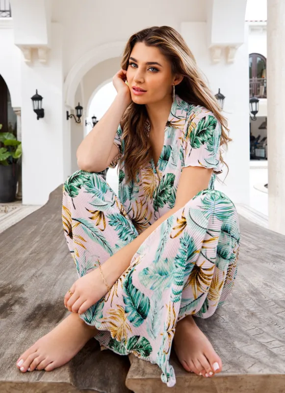 Plisse Palm Print Button Front Shirt sold by Rainbow