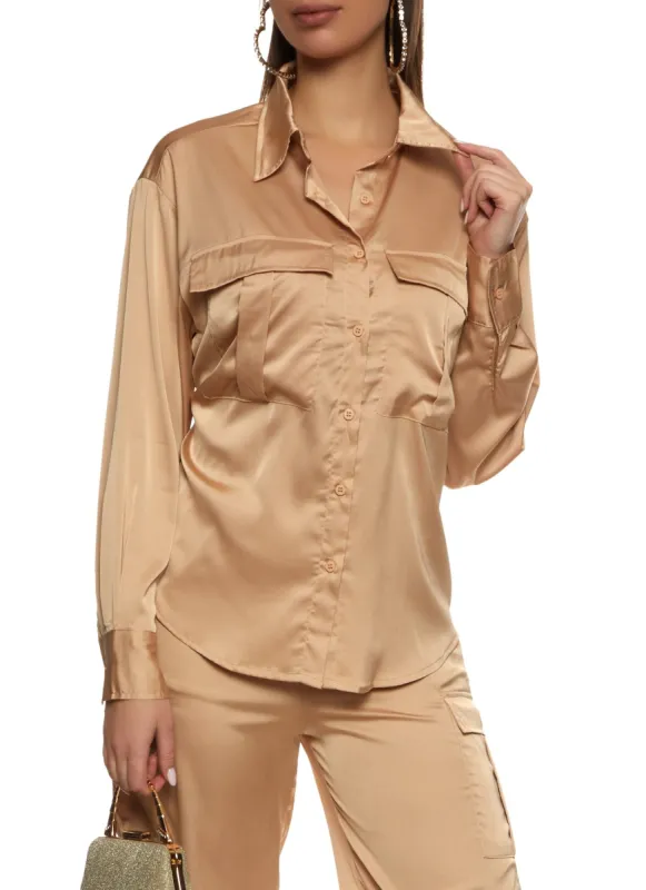 Satin Button Front Cargo Pocket Shirt sold by Rainbow