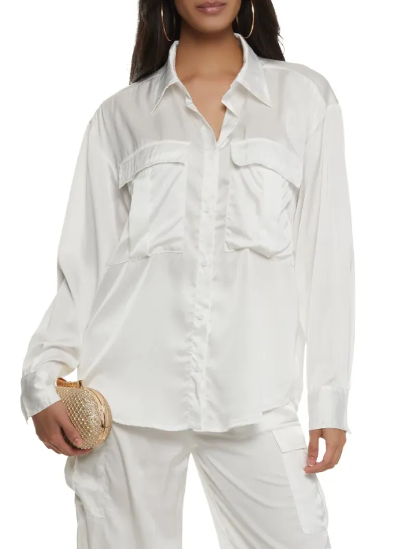 Satin Button Front Cargo Pocket Shirt sold by Rainbow