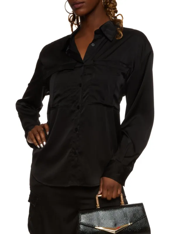 Satin Button Front Cargo Pocket Shirt sold by Rainbow