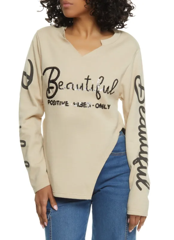 Beautiful Sequin Notch Neck Graphic Sweatshirt sold by Rainbow