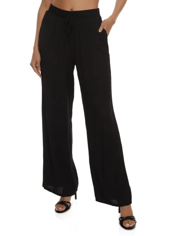 Solid Gauze Knit Faux Drawstring Wide Leg Pants sold by Rainbow