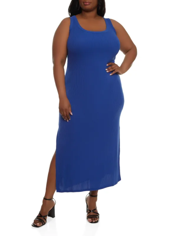 Plus Size Ribbed Knit Side Slit Maxi Tank Dress sold by Rainbow