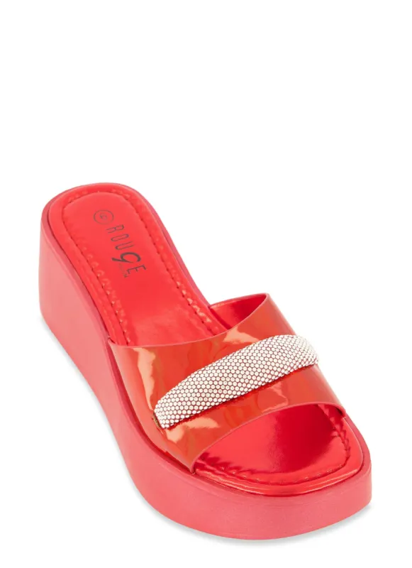 Rhinestone Detail Band Wedge Slide Sandals sold by Rainbow