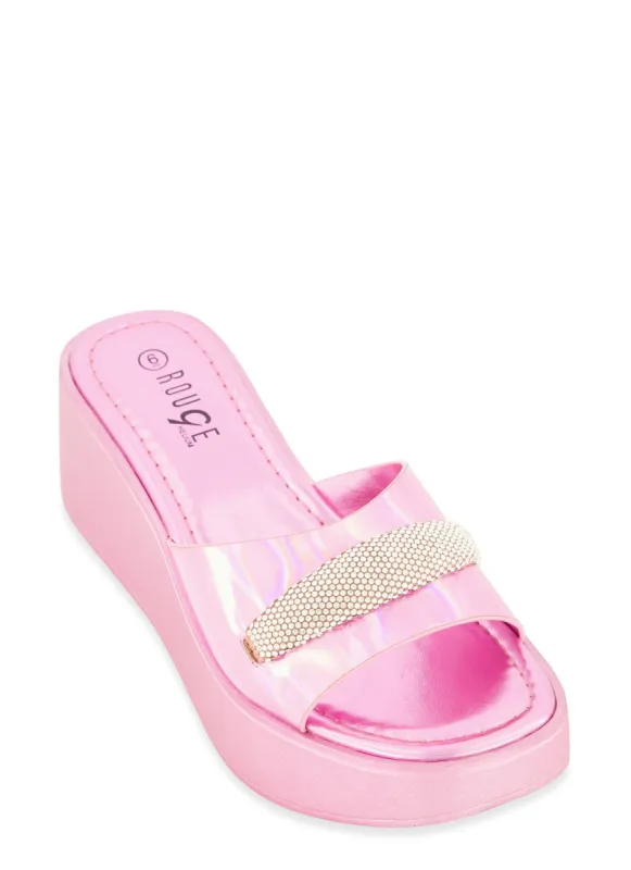 Rhinestone Detail Band Wedge Slide Sandals sold by Rainbow
