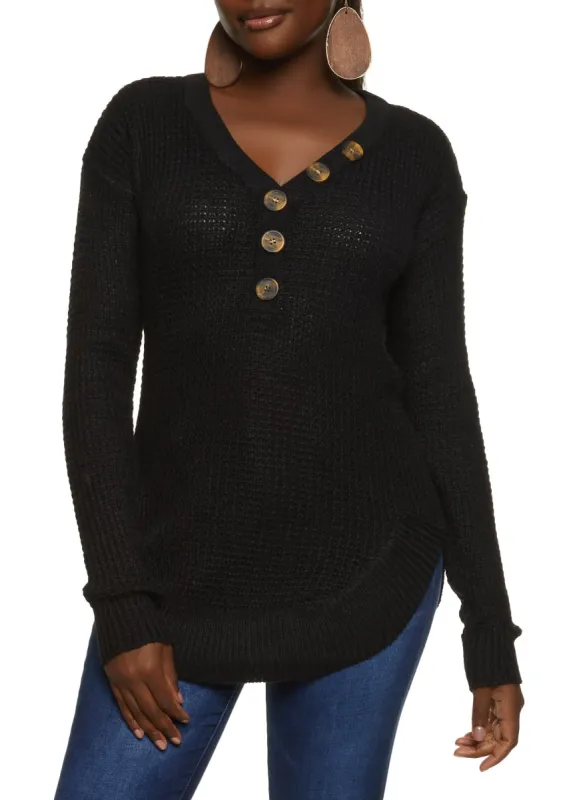 Waffle Knit Faux Button Detail Sweater sold by Rainbow