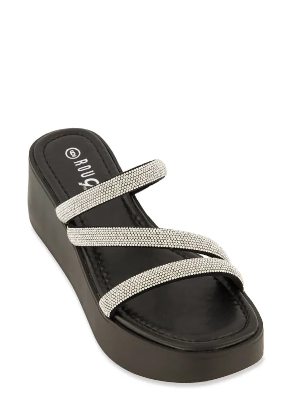 Rhinestone Asymmetric Band Wedge Slide Sandals sold by Rainbow
