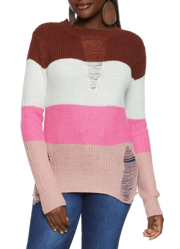 Color Blocked Striped Distressed Tunic Sweater sold by Rainbow