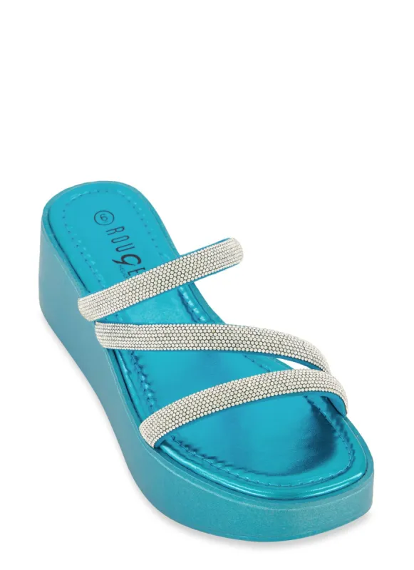 Rhinestone Asymmetric Band Wedge Slide Sandals sold by Rainbow