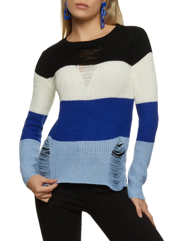Color Block Distressed Crew Neck Sweater sold by Rainbow