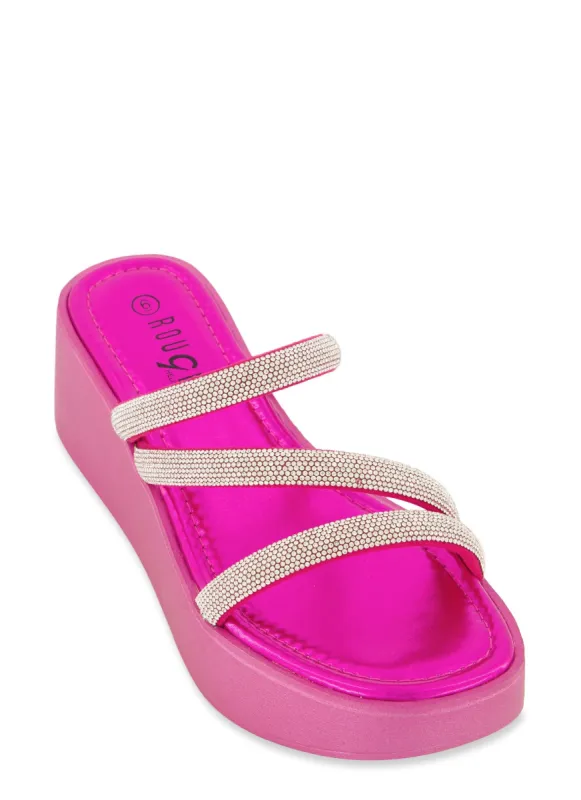 Rhinestone Asymmetric Band Wedge Slide Sandals sold by Rainbow