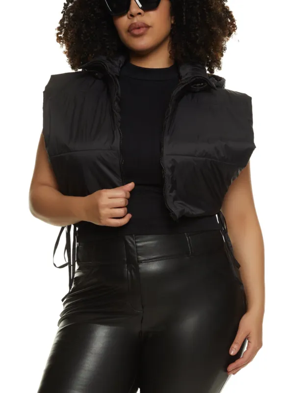 Plus Size Side Tie Cropped Hooded Puffer Vest sold by Rainbow