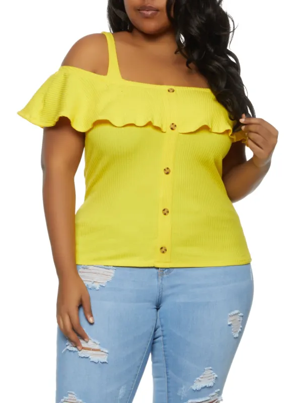 Plus Size Rib Knit Cold Shoulder Top sold by Rainbow