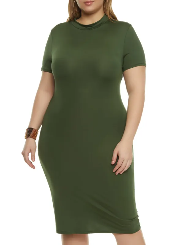 Plus Size Mock Neck Short Sleeve Midi Dress sold by Rainbow
