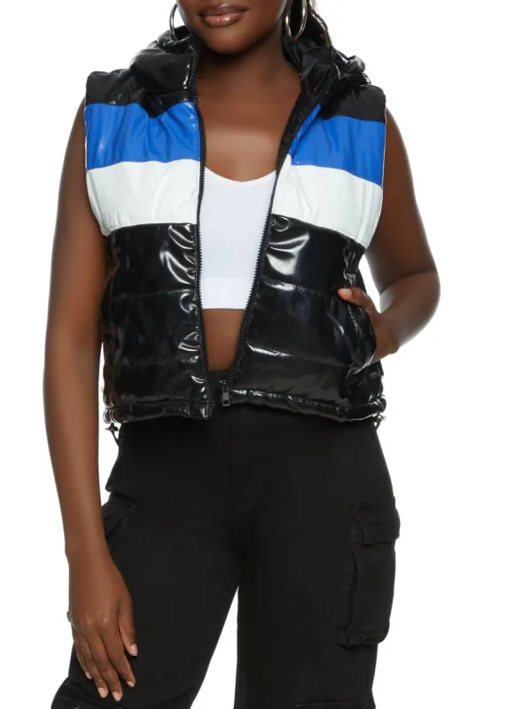 Hooded Faux Patent Leather Puffer Vest sold by Rainbow