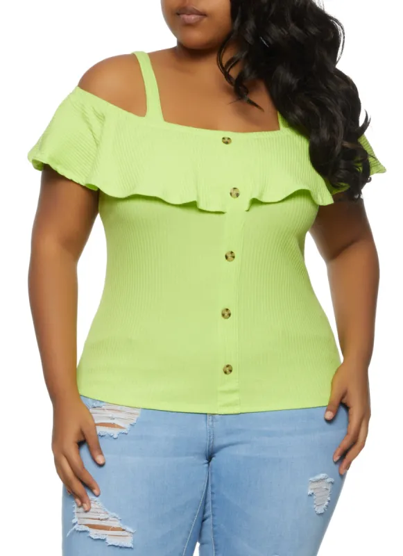 Plus Size Rib Knit Cold Shoulder Top sold by Rainbow