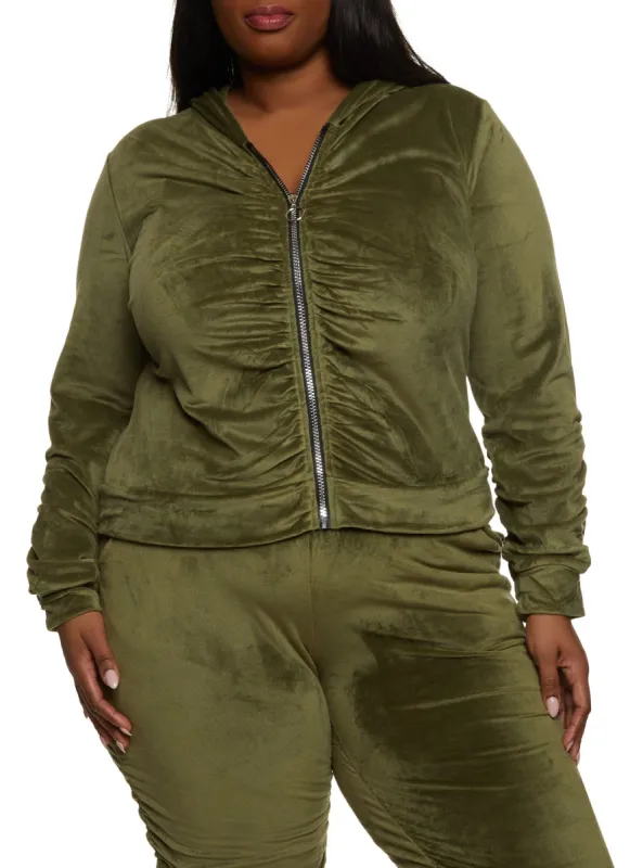 Plus Size Ruched Zip Front Hooded Sweatshirt sold by Rainbow