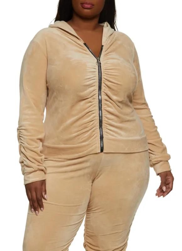 Plus Size Ruched Zip Front Hooded Sweatshirt sold by Rainbow